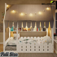 Bellemave® Montessori House Floor Bed for Kids with Fence Railings, Tent & Lights, Wooden Kids Floor Bed Frame with 3 Storage Shelves, Low Profile Bed for Boys & Girls (Slats Not Included) - Bellemave