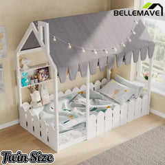 Bellemave® Montessori House Floor Bed for Kids with Fence Railings, Tent & Lights, Wooden Kids Floor Bed Frame with 3 Storage Shelves, Low Profile Bed for Boys & Girls (Slats Not Included) - Bellemave