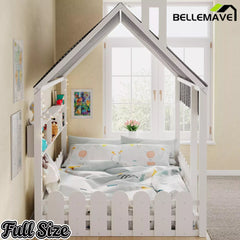 Bellemave® Montessori House Floor Bed for Kids with Fence Railings, Tent & Lights, Wooden Kids Floor Bed Frame with 3 Storage Shelves, Low Profile Bed for Boys & Girls (Slats Not Included) - Bellemave