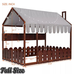 Bellemave® Montessori House Floor Bed for Kids with Fence Railings, Tent & Lights, Wooden Kids Floor Bed Frame with 3 Storage Shelves, Low Profile Bed for Boys & Girls (Slats Not Included) - Bellemave