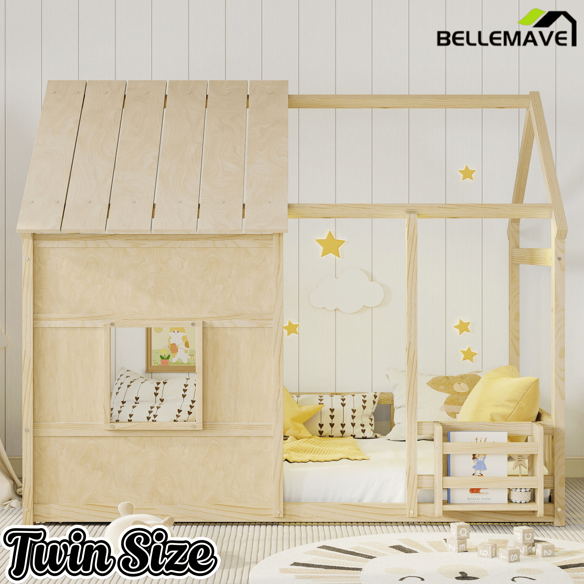 Bellemave® Montessori Kids House Floor Bed with 7 - Color LED Lights, Bookshelf & Safety Rails - Bellemave