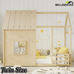 Bellemave® Montessori Kids House Floor Bed with 7 - Color LED Lights, Bookshelf & Safety Rails - Bellemave