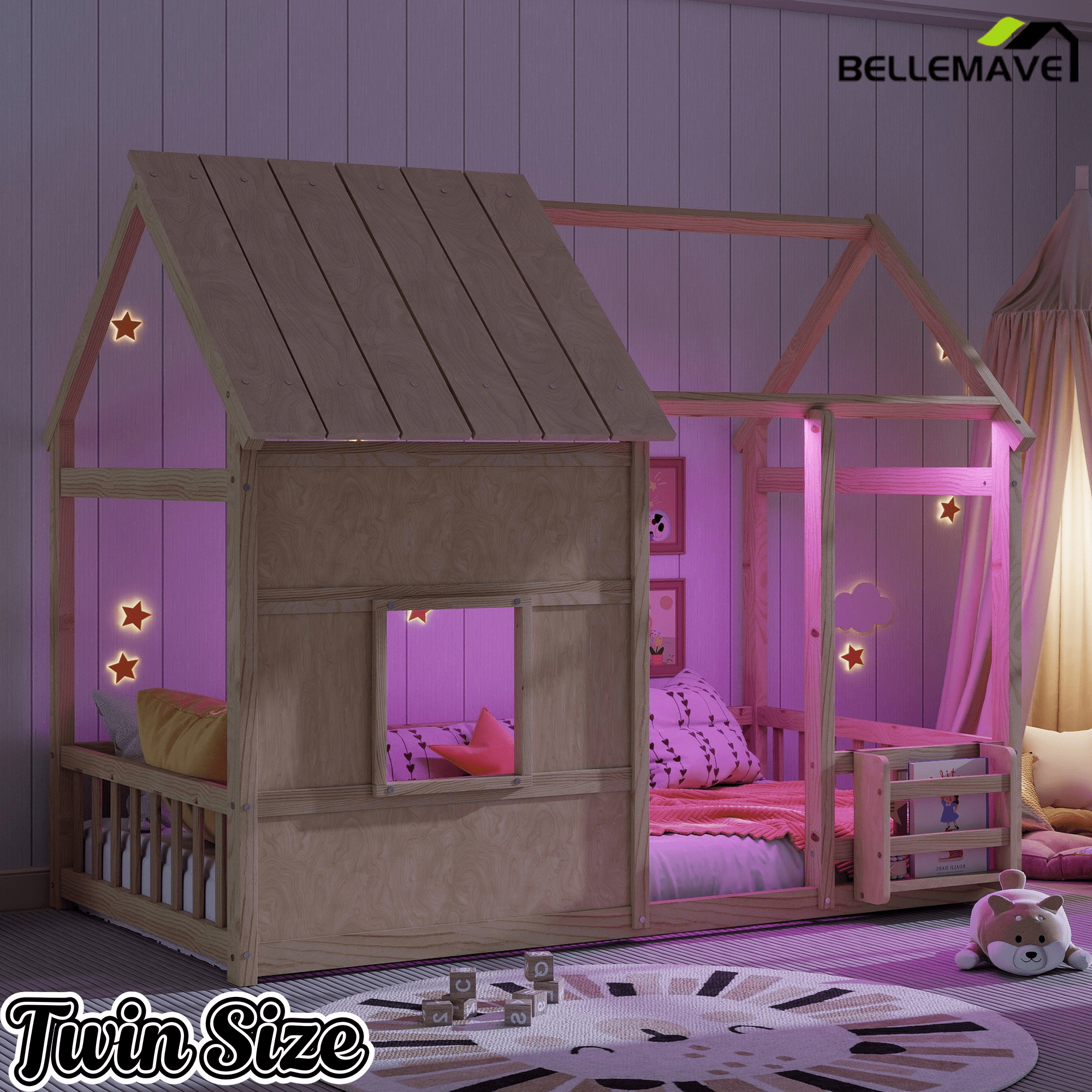 Bellemave® Montessori Kids House Floor Bed with 7 - Color LED Lights, Bookshelf & Safety Rails - Bellemave