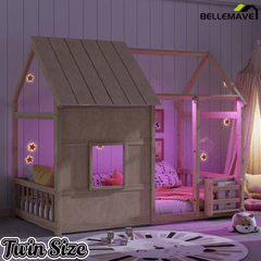 Bellemave® Montessori Kids House Floor Bed with 7 - Color LED Lights, Bookshelf & Safety Rails - Bellemave