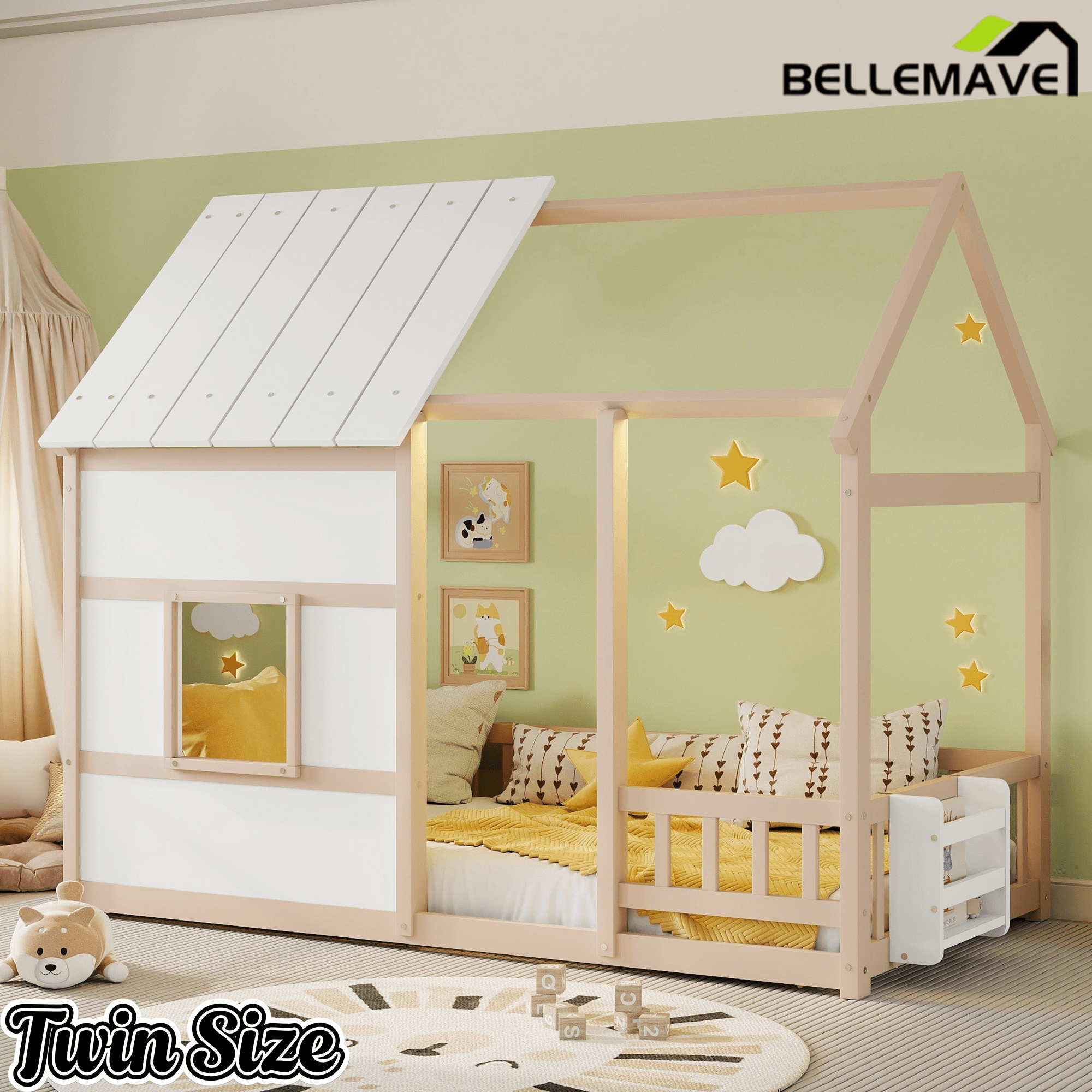 Bellemave® Montessori Kids House Floor Bed with 7 - Color LED Lights, Bookshelf & Safety Rails - Bellemave