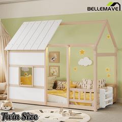 Bellemave® Montessori Kids House Floor Bed with 7 - Color LED Lights, Bookshelf & Safety Rails - Bellemave