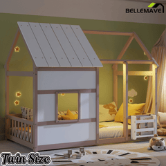 Bellemave® Montessori Kids House Floor Bed with 7 - Color LED Lights, Bookshelf & Safety Rails - Bellemave