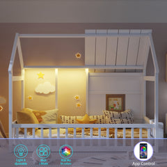 Bellemave® Montessori Kids House Floor Bed with 7 - Color LED Lights, Bookshelf & Safety Rails - Bellemave