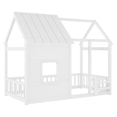 Bellemave® Montessori Kids House Floor Bed with 7 - Color LED Lights, Bookshelf & Safety Rails - Bellemave