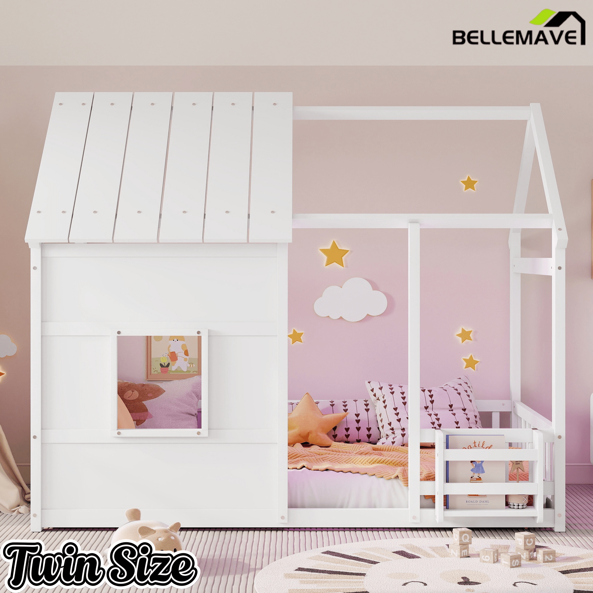 Bellemave® Montessori Kids House Floor Bed with 7 - Color LED Lights, Bookshelf & Safety Rails - Bellemave