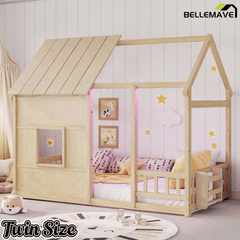 Bellemave® Montessori Kids House Floor Bed with 7 - Color LED Lights, Bookshelf & Safety Rails - Bellemave