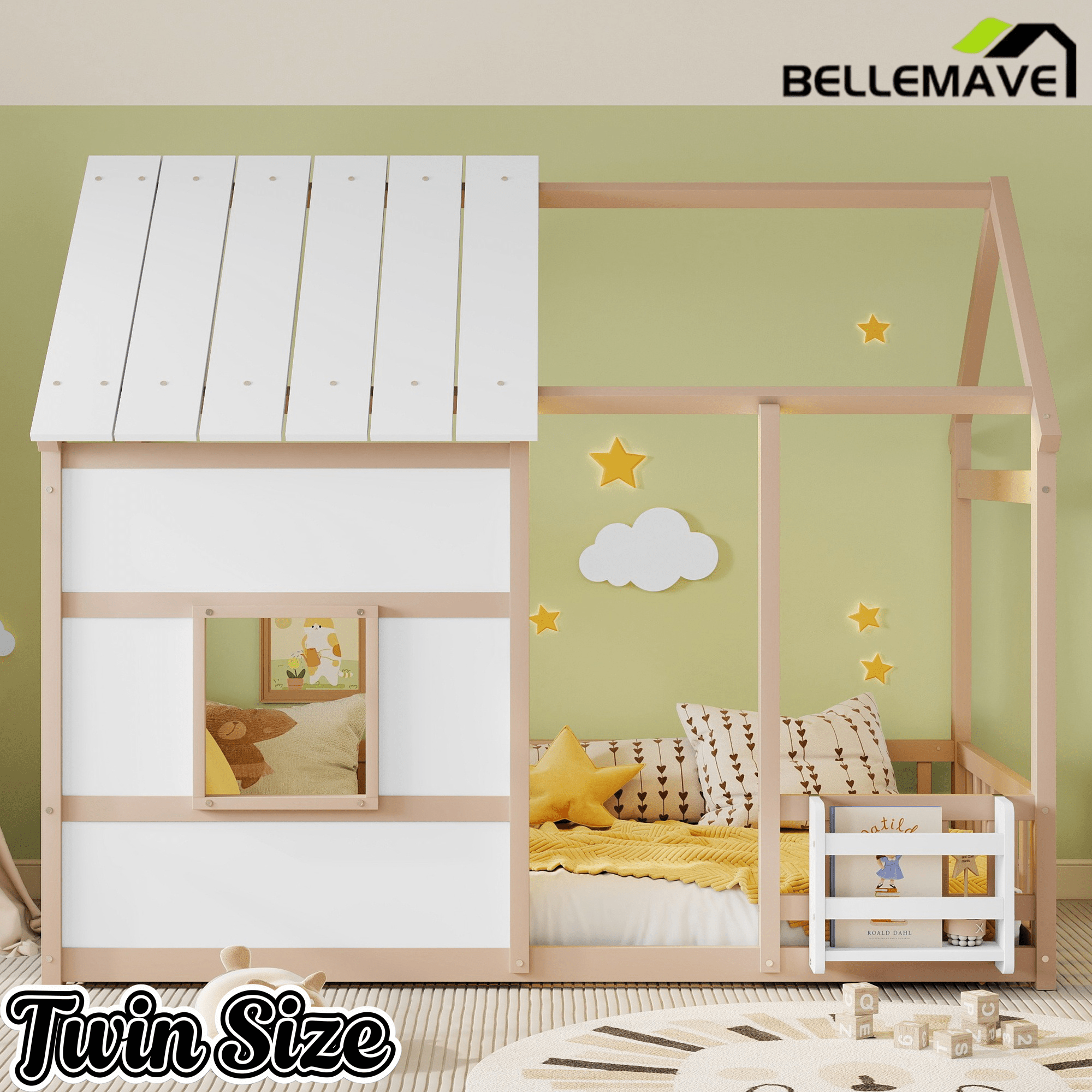 Bellemave® Montessori Kids House Floor Bed with 7 - Color LED Lights, Bookshelf & Safety Rails - Bellemave