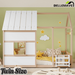 Bellemave® Montessori Kids House Floor Bed with 7 - Color LED Lights, Bookshelf & Safety Rails - Bellemave