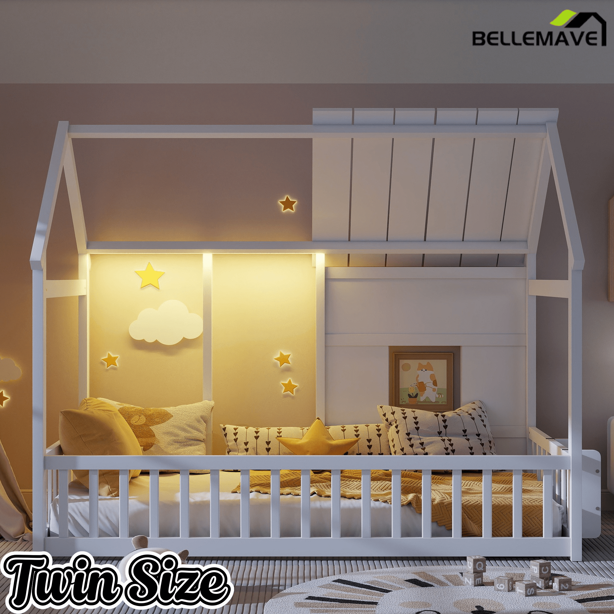 Bellemave® Montessori Kids House Floor Bed with 7 - Color LED Lights, Bookshelf & Safety Rails - Bellemave