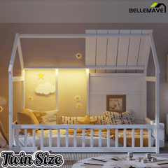 Bellemave® Montessori Kids House Floor Bed with 7 - Color LED Lights, Bookshelf & Safety Rails - Bellemave