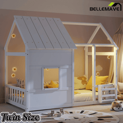 Bellemave® Montessori Kids House Floor Bed with 7 - Color LED Lights, Bookshelf & Safety Rails - Bellemave