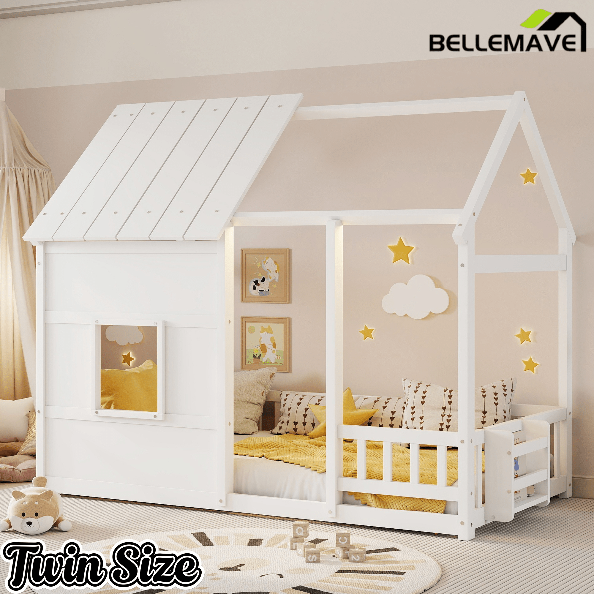 Bellemave® Montessori Kids House Floor Bed with 7 - Color LED Lights, Bookshelf & Safety Rails - Bellemave