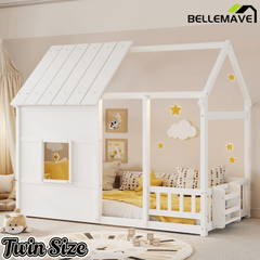 Bellemave® Montessori Kids House Floor Bed with 7 - Color LED Lights, Bookshelf & Safety Rails - Bellemave