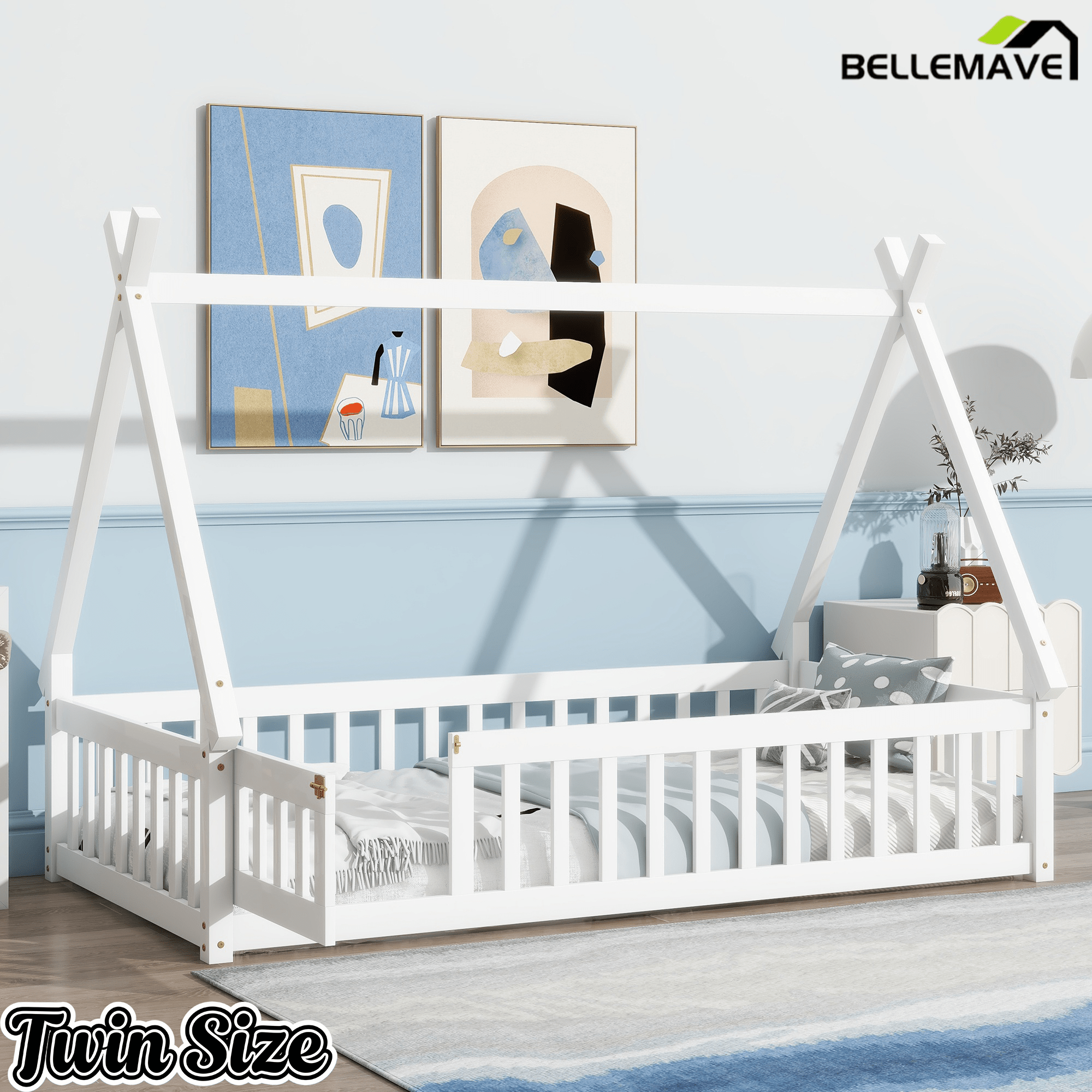 Bellemave® Montessori Tent Floor Bed with Guardrails & Entry Opening for Kids Girls Boys - Bellemave