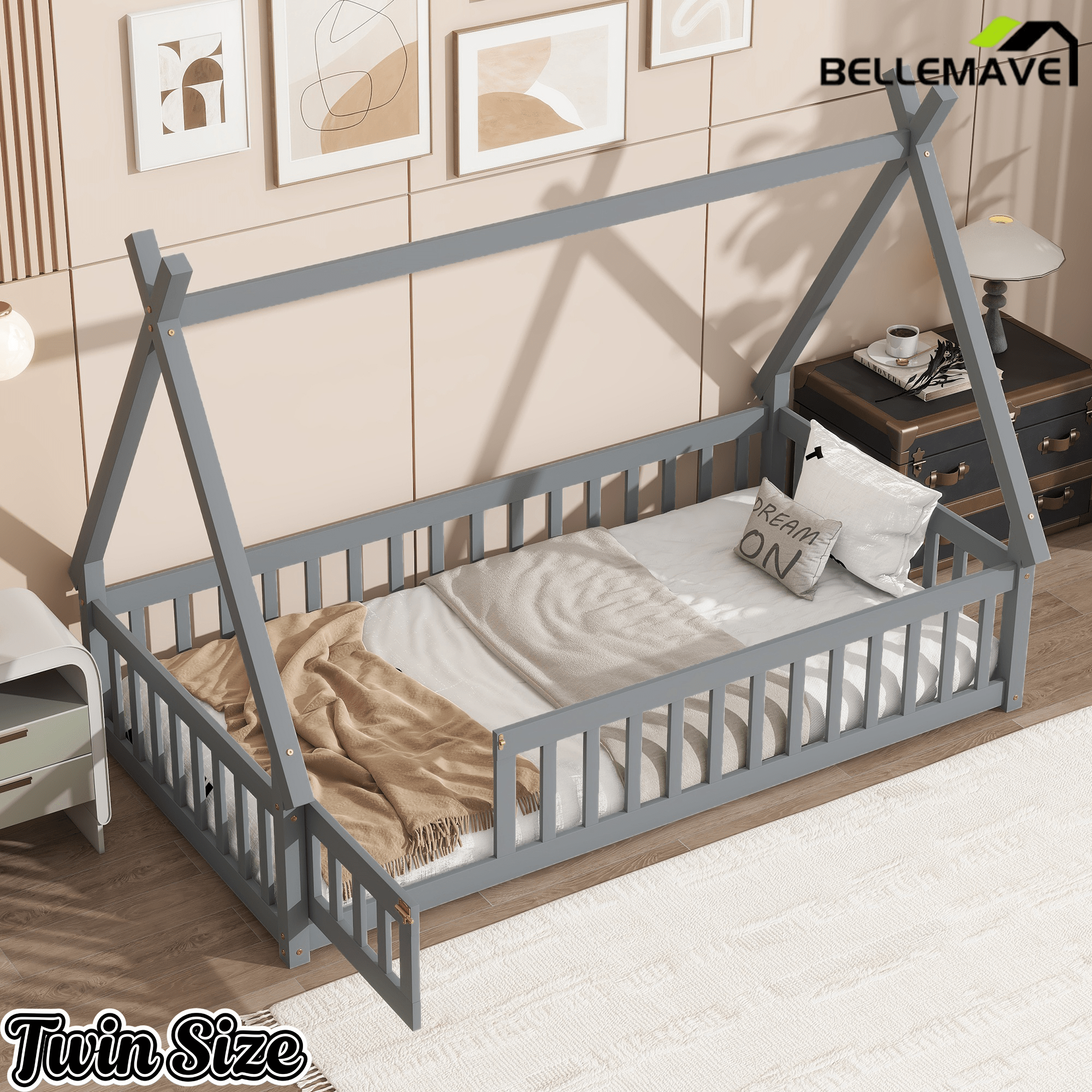 Bellemave® Montessori Tent Floor Bed with Guardrails & Entry Opening for Kids Girls Boys - Bellemave