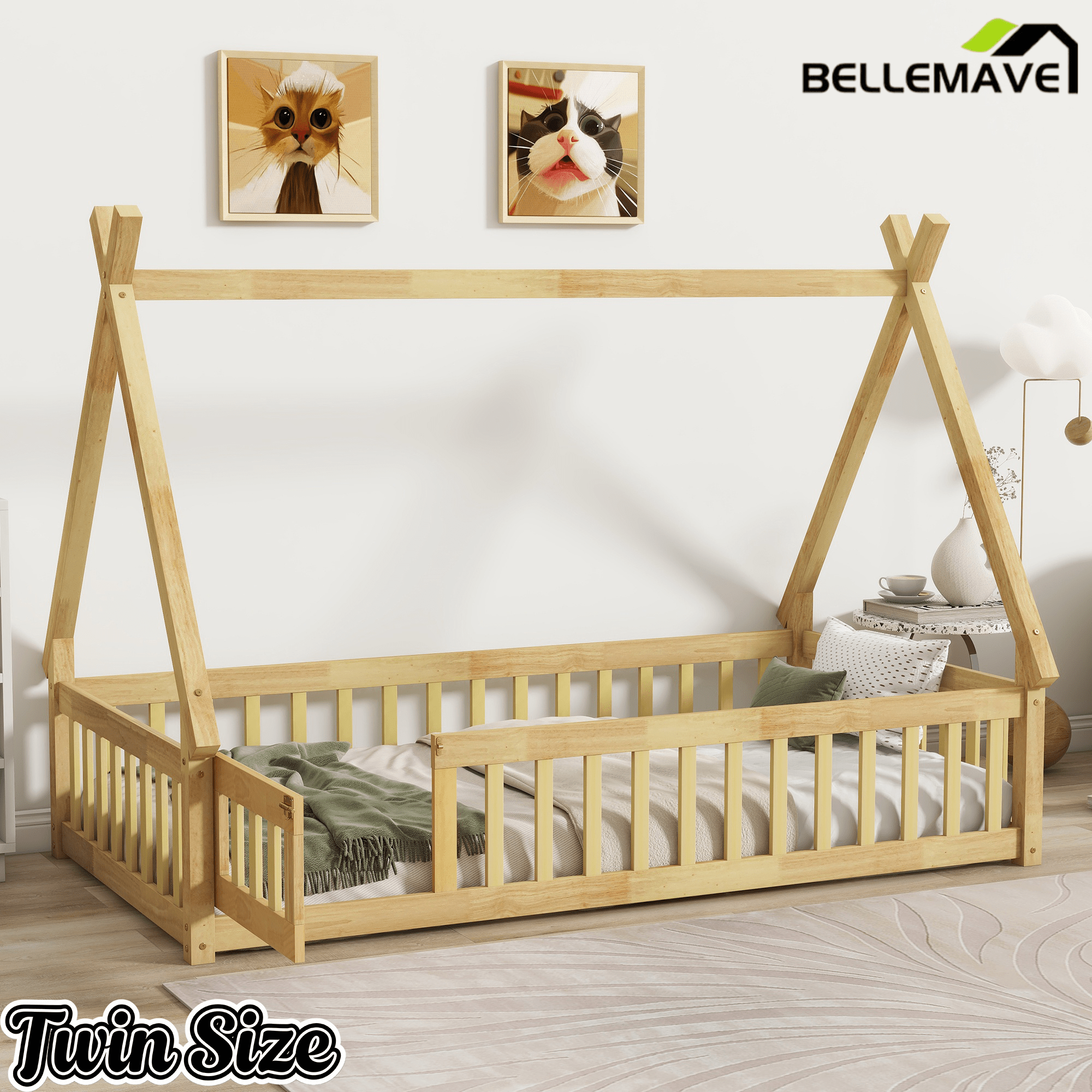 Bellemave® Montessori Tent Floor Bed with Guardrails & Entry Opening for Kids Girls Boys - Bellemave