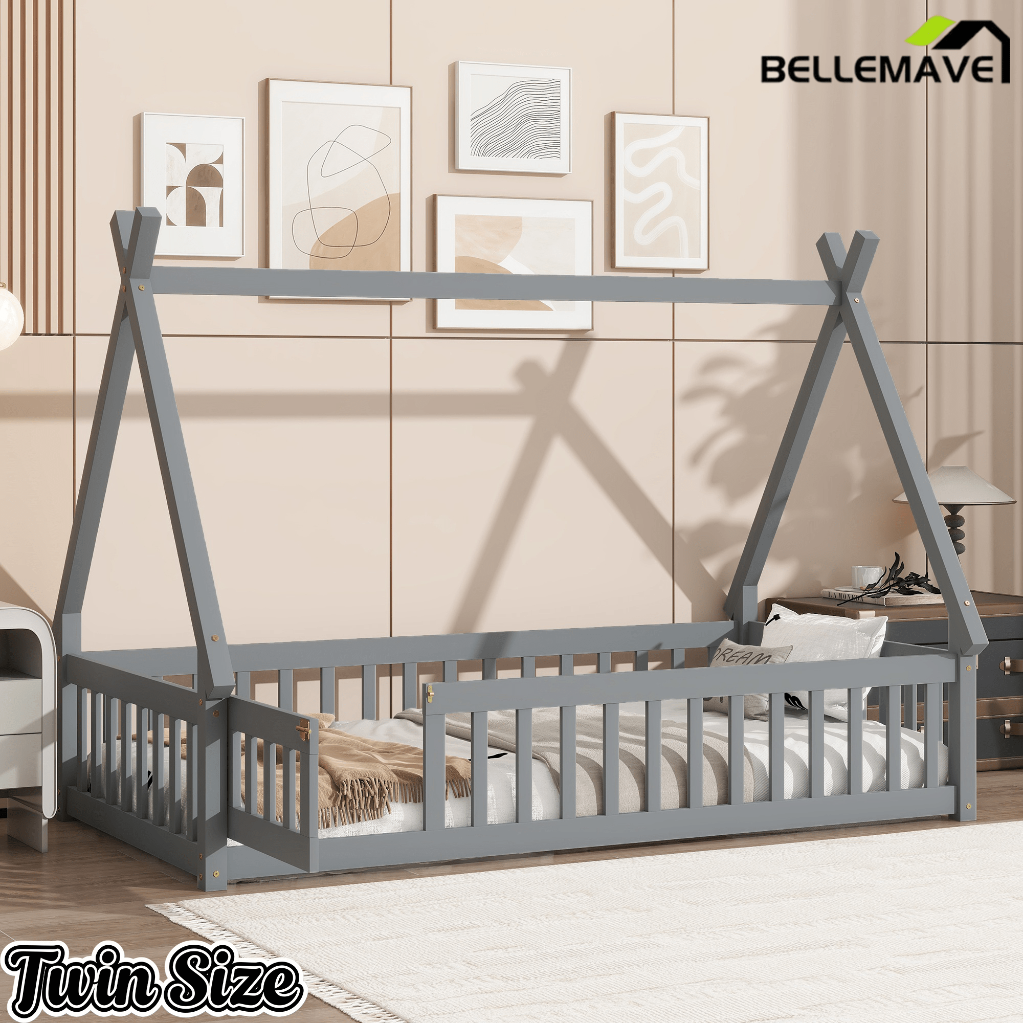 Bellemave® Montessori Tent Floor Bed with Guardrails & Entry Opening for Kids Girls Boys - Bellemave