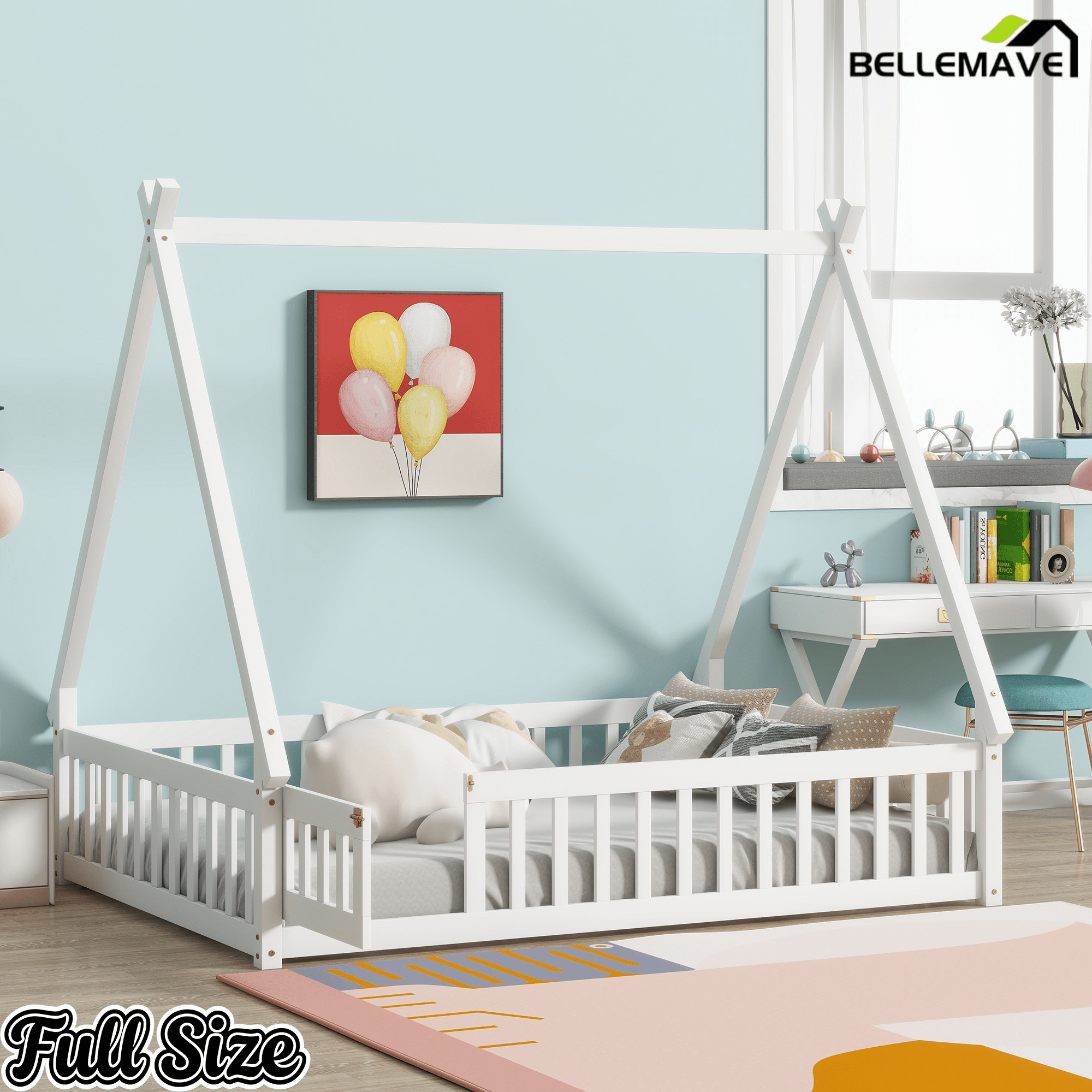 Bellemave® Montessori Tent Floor Bed with Guardrails & Entry Opening for Kids Girls Boys - Bellemave