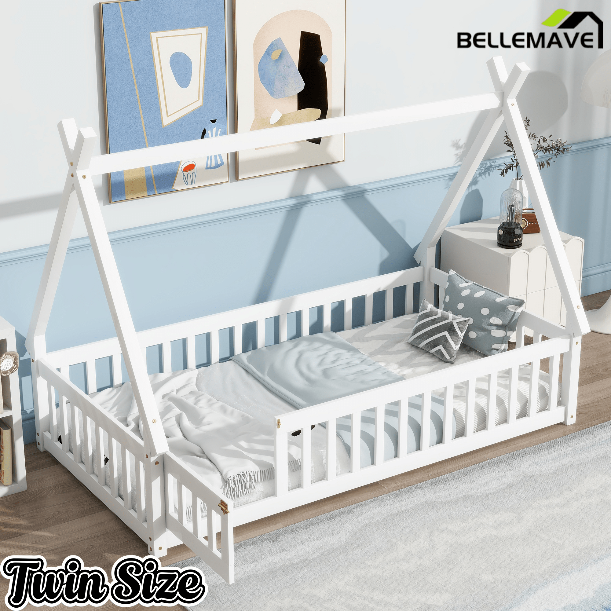 Bellemave® Montessori Tent Floor Bed with Guardrails & Entry Opening for Kids Girls Boys - Bellemave
