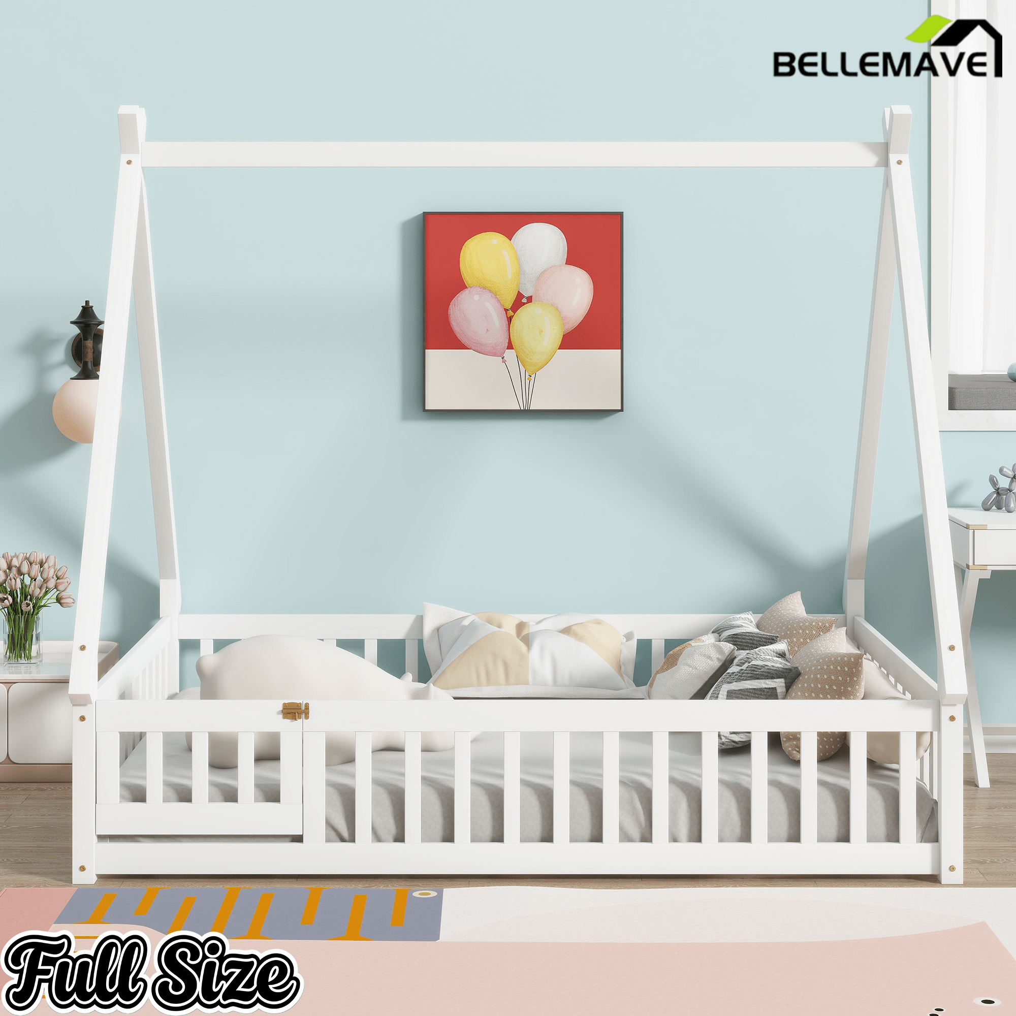 Bellemave® Montessori Tent Floor Bed with Guardrails & Entry Opening for Kids Girls Boys - Bellemave