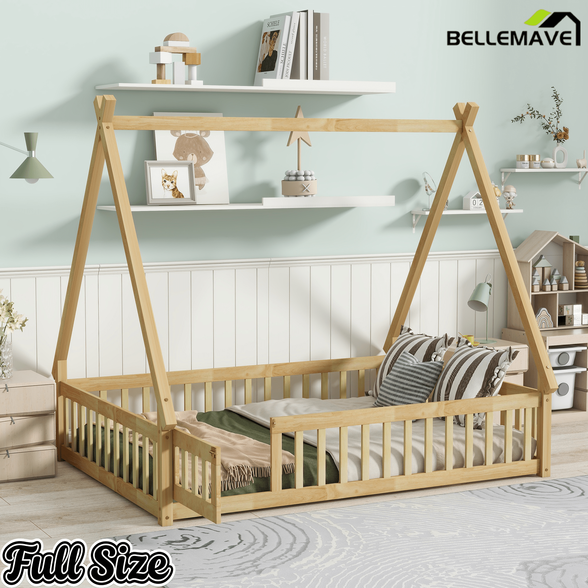 Bellemave® Montessori Tent Floor Bed with Guardrails & Entry Opening for Kids Girls Boys - Bellemave