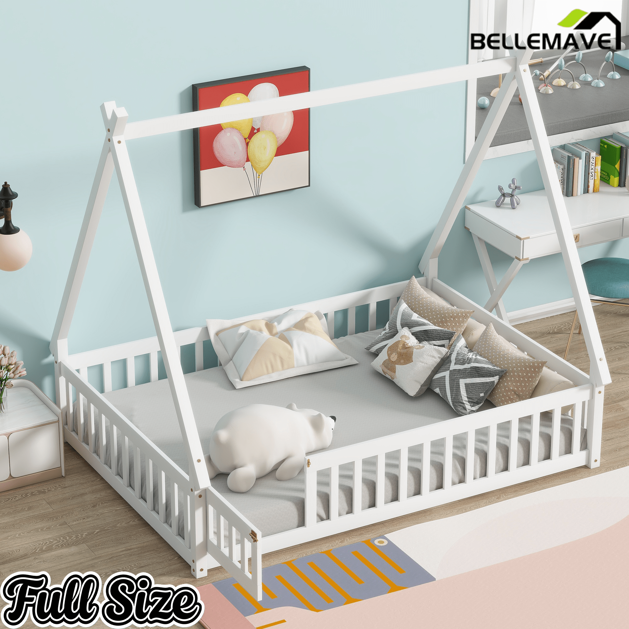 Bellemave® Montessori Tent Floor Bed with Guardrails & Entry Opening for Kids Girls Boys - Bellemave