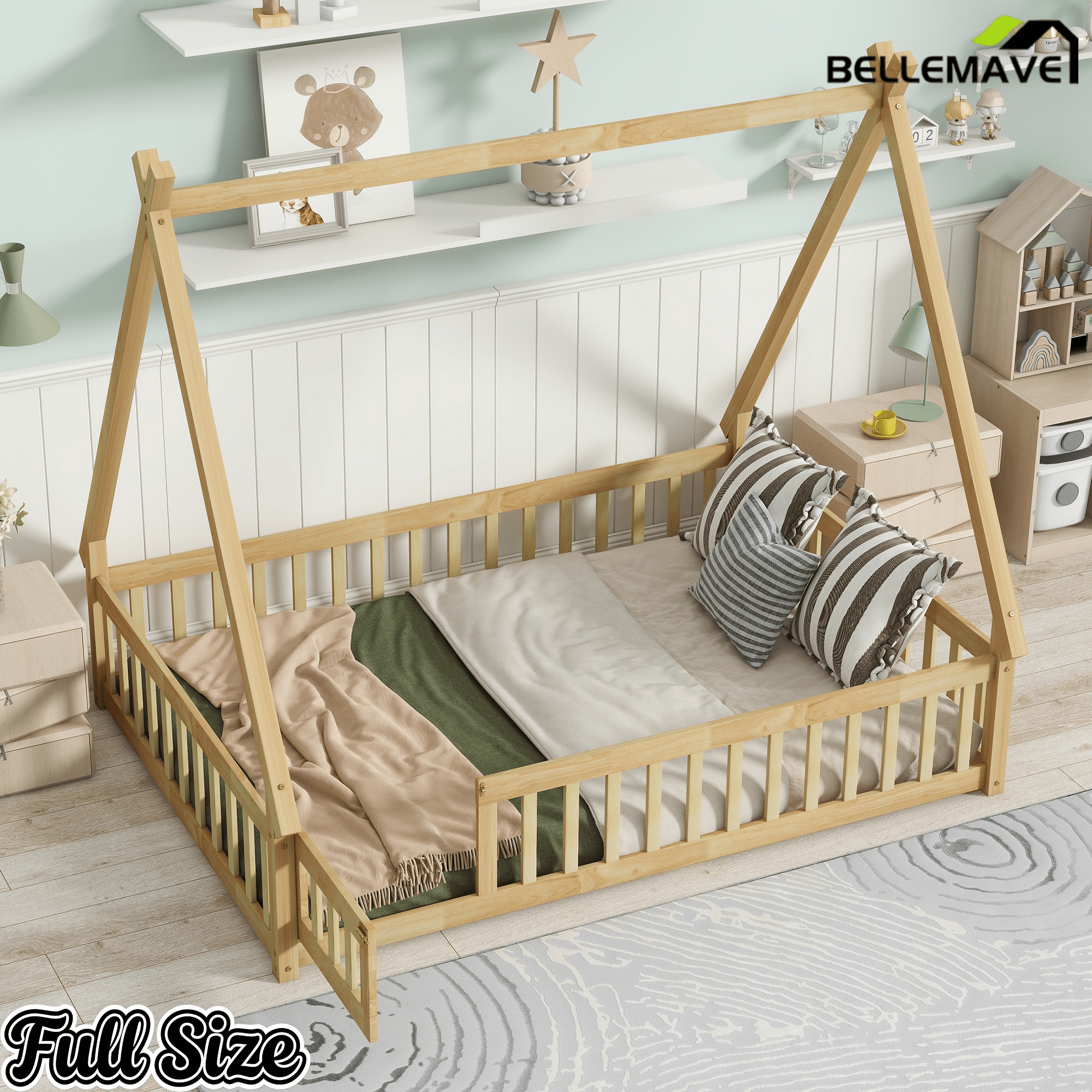Bellemave® Montessori Tent Floor Bed with Guardrails & Entry Opening for Kids Girls Boys - Bellemave
