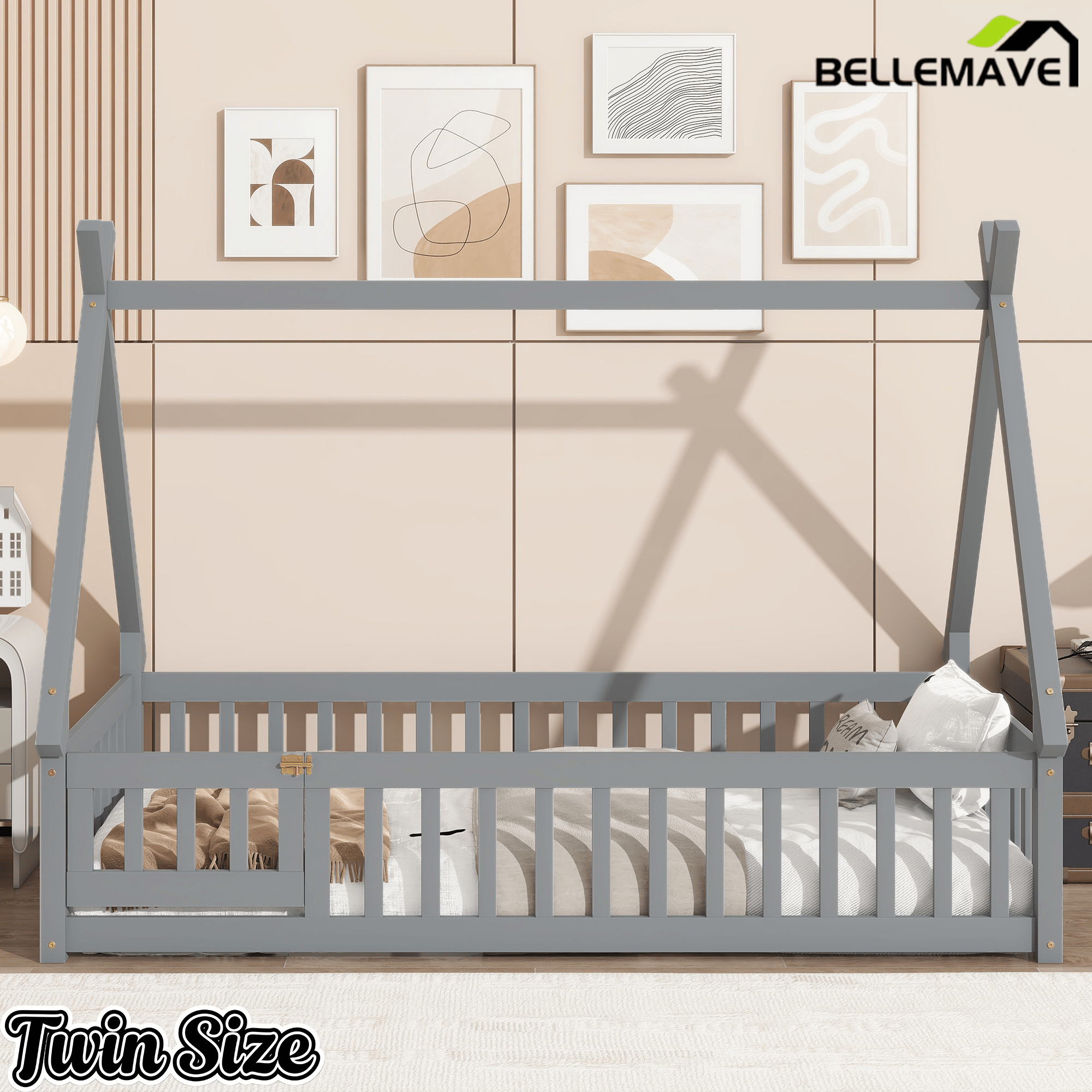 Bellemave® Montessori Tent Floor Bed with Guardrails & Entry Opening for Kids Girls Boys - Bellemave