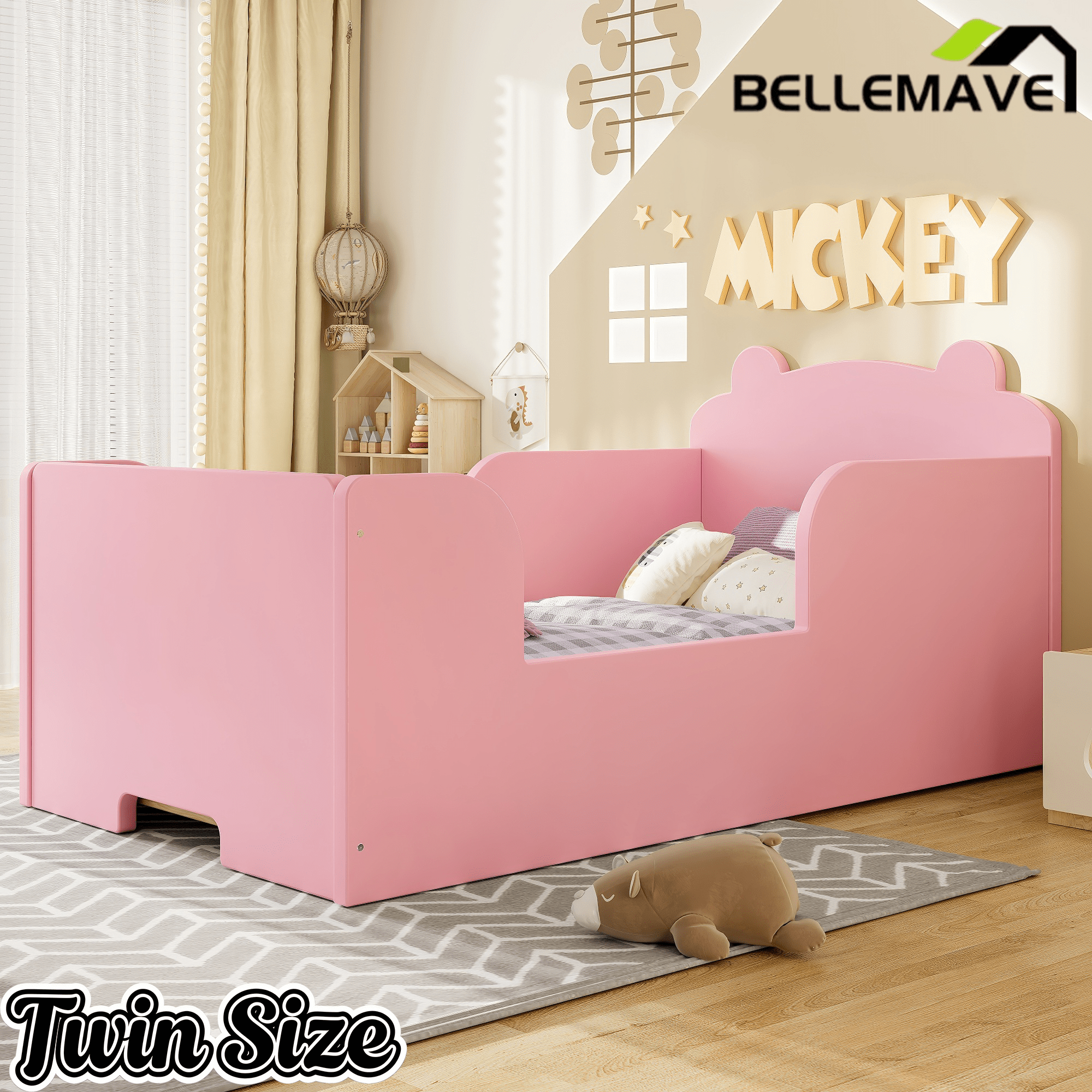 Bellemave® Montessori Toddler Floor Bed - Bear Shape Wooden Cot Bed for 3 - 6 Year Olds, Low to Ground Kids Bed Frame for Boys & Girls, Green - Bellemave