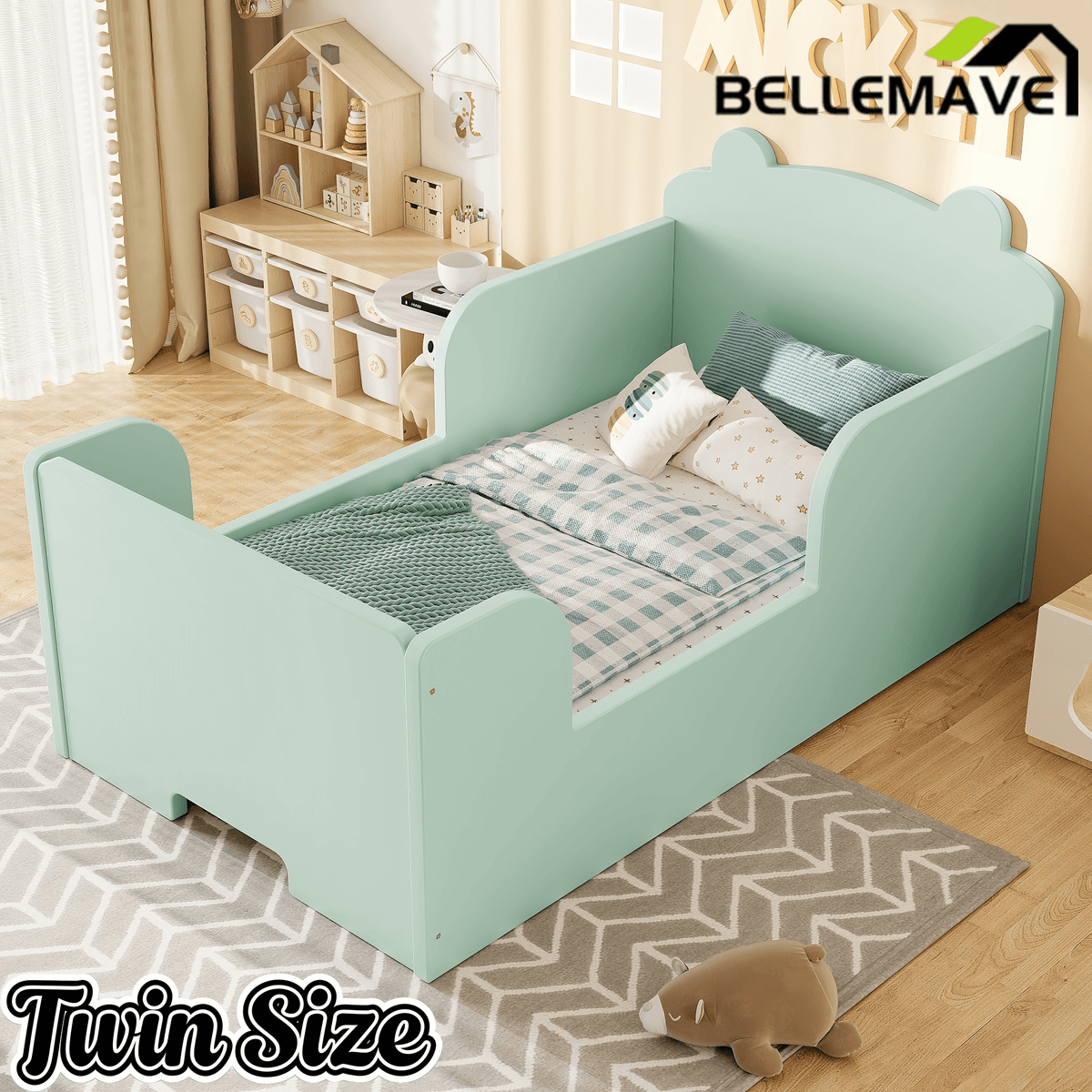 Bellemave® Montessori Toddler Floor Bed - Bear Shape Wooden Cot Bed for 3 - 6 Year Olds, Low to Ground Kids Bed Frame for Boys & Girls, Green - Bellemave