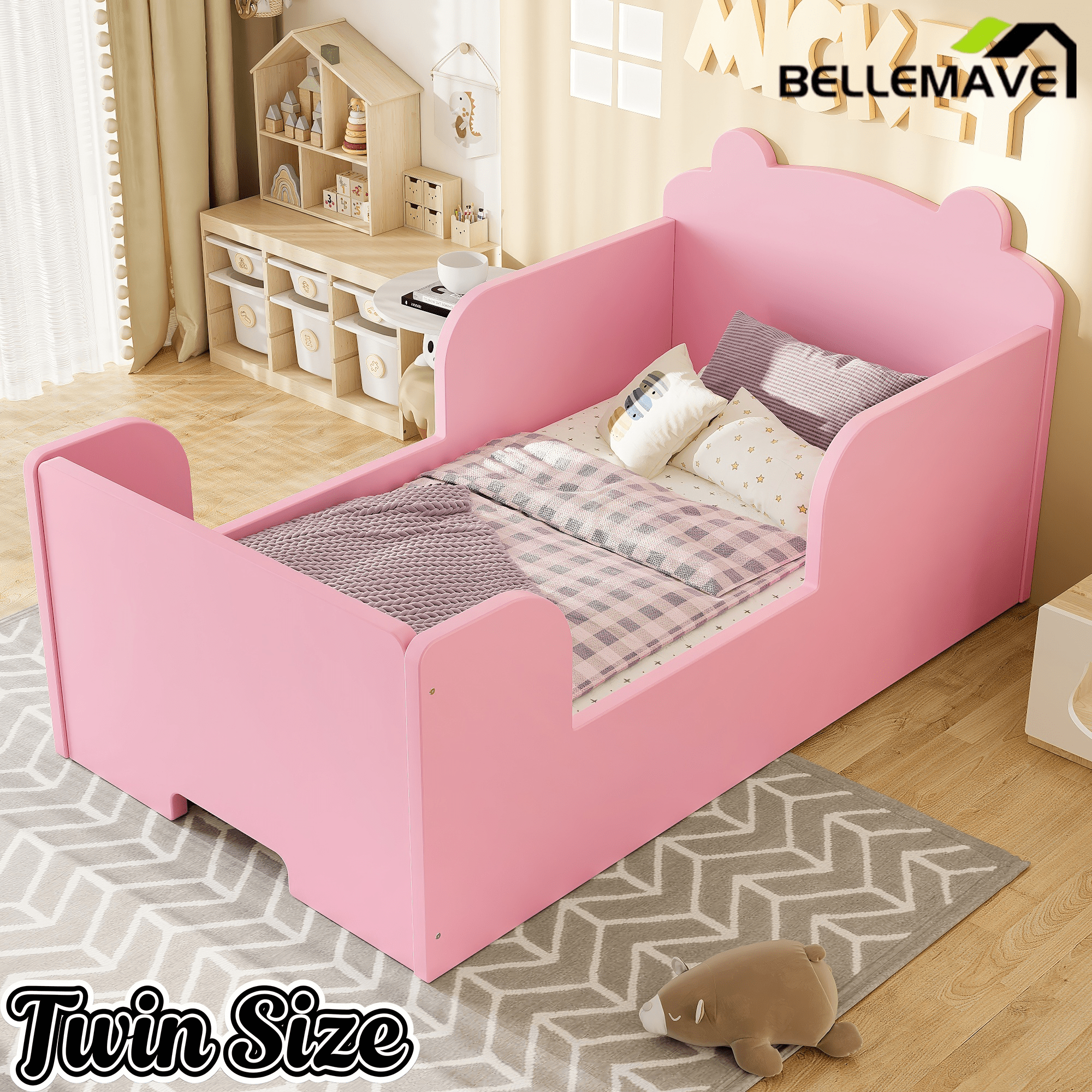 Bellemave® Montessori Toddler Floor Bed - Bear Shape Wooden Cot Bed for 3 - 6 Year Olds, Low to Ground Kids Bed Frame for Boys & Girls, Green - Bellemave