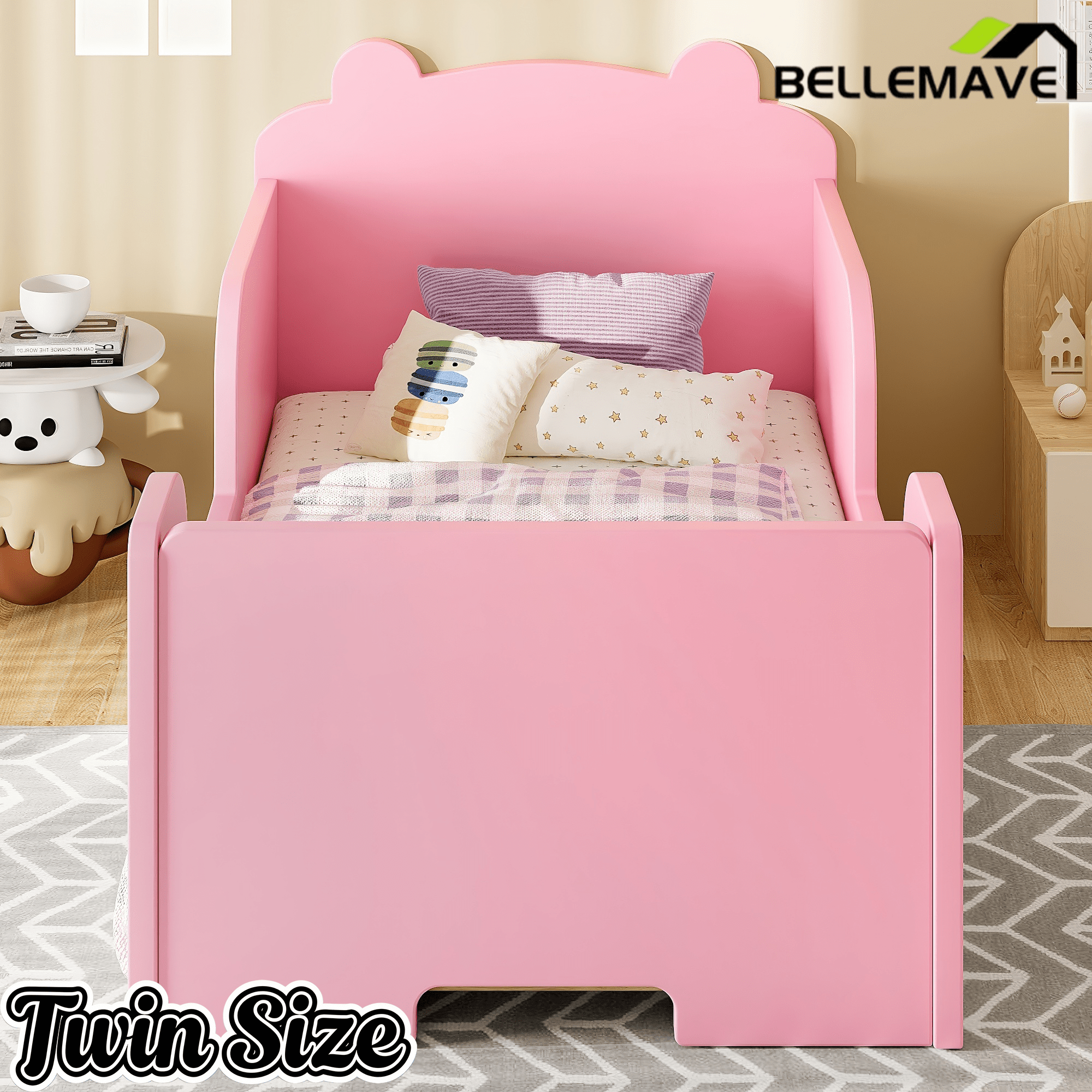 Bellemave® Montessori Toddler Floor Bed - Bear Shape Wooden Cot Bed for 3 - 6 Year Olds, Low to Ground Kids Bed Frame for Boys & Girls, Green - Bellemave