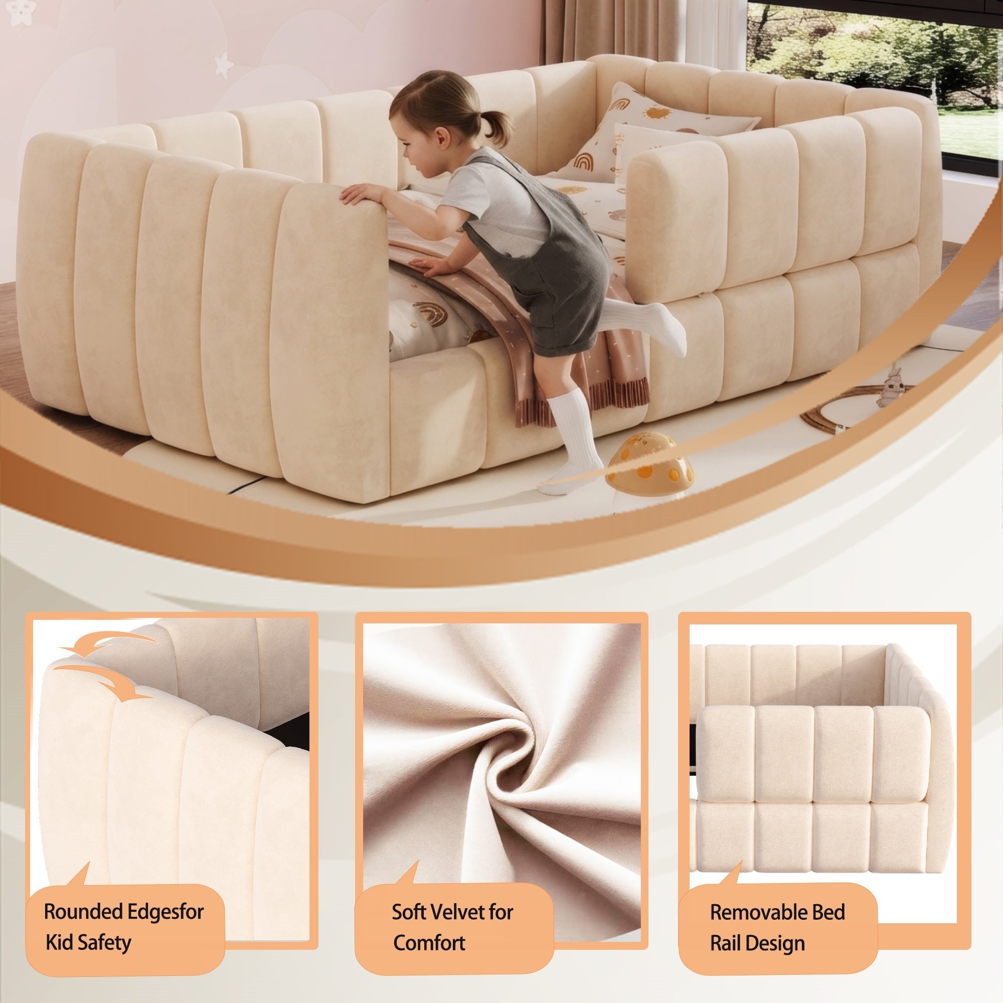 Bellemave® Montessori Toddler Floor Bed, Upholstered Daybed with Removable Guardrails, High Headboard & Footboard - Bellemave