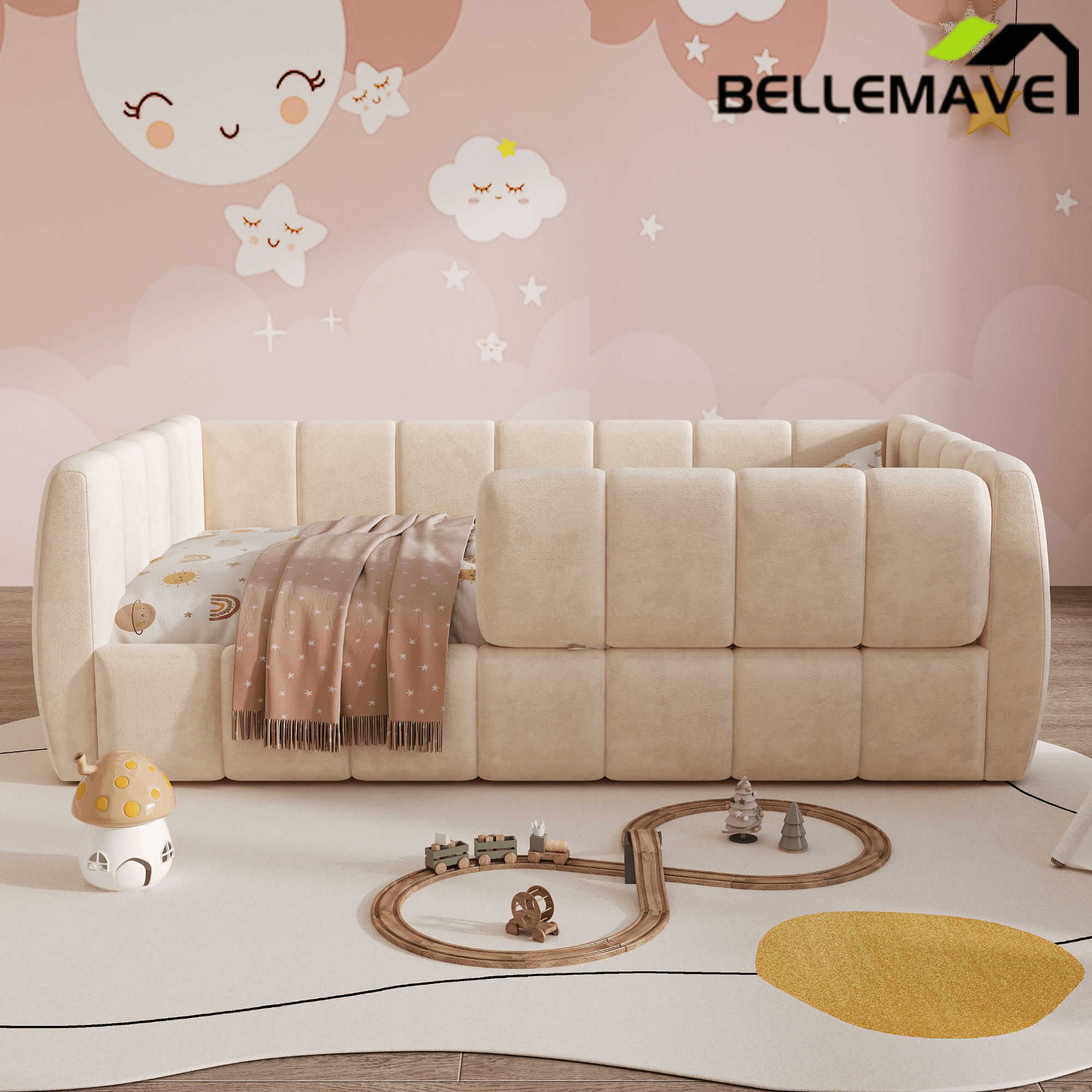 Bellemave® Montessori Toddler Floor Bed, Upholstered Daybed with Removable Guardrails, High Headboard & Footboard - Bellemave