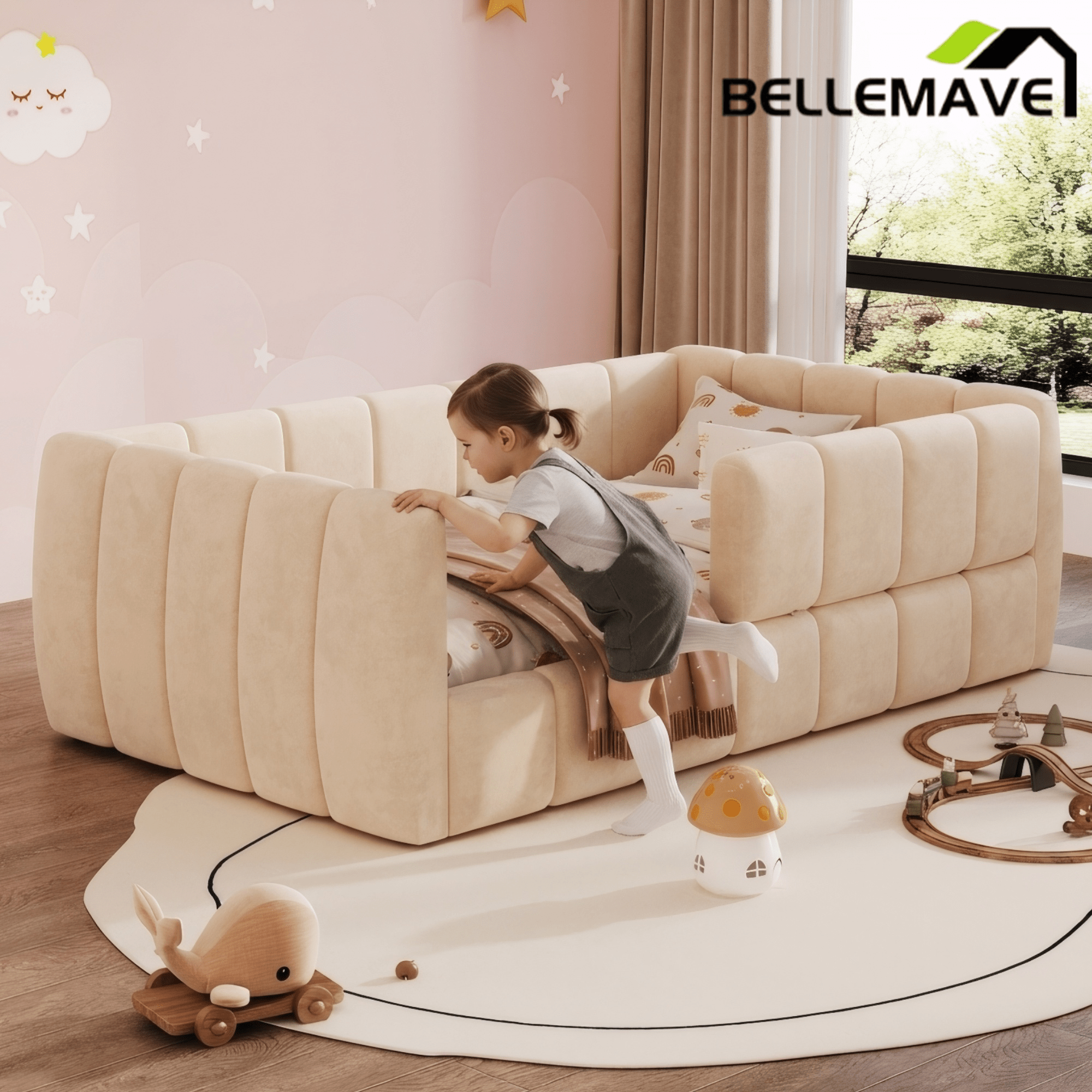 Bellemave® Montessori Toddler Floor Bed, Upholstered Daybed with Removable Guardrails, High Headboard & Footboard - Bellemave
