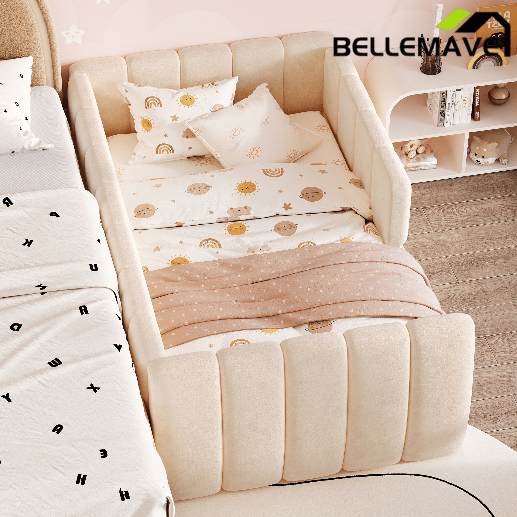 Bellemave® Montessori Toddler Floor Bed, Upholstered Daybed with Removable Guardrails, High Headboard & Footboard - Bellemave