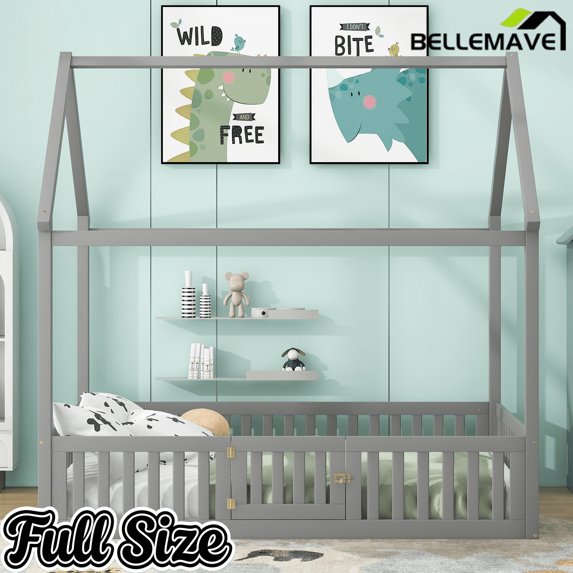 Bellemave® Montessori Wood Floor House Bed with Fence and Door - Bellemave