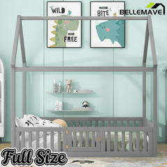 Bellemave® Montessori Wood Floor House Bed with Fence and Door - Bellemave