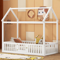 Bellemave® Montessori Wood Floor House Bed with Fence and Door - Bellemave