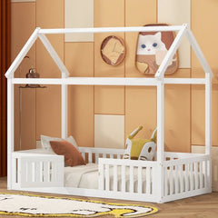 Bellemave® Montessori Wood Floor House Bed with Fence and Door - Bellemave