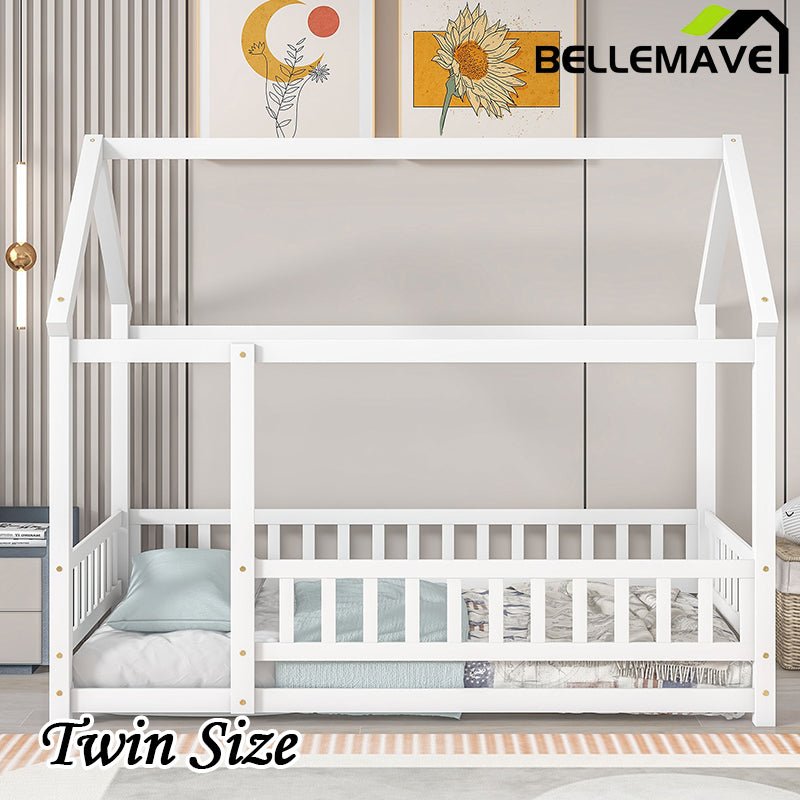 Bellemave® Montessori Wooden House Bed with Fence - Bellemave