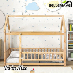 Bellemave® Montessori Wooden House Bed with Fence - Bellemave