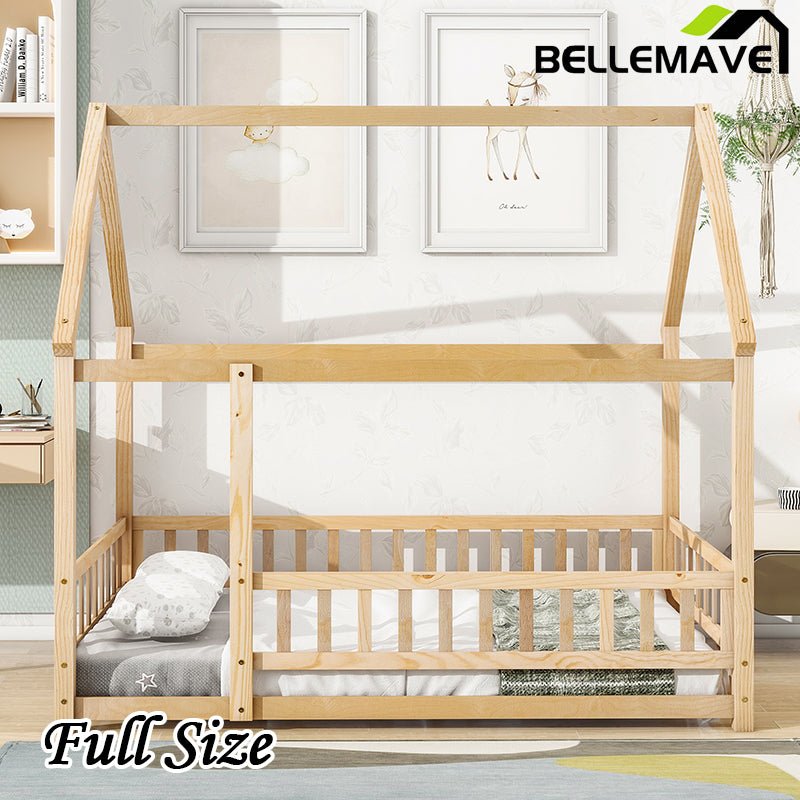 Bellemave® Montessori Wooden House Bed with Fence - Bellemave