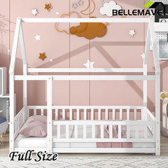 Bellemave® Montessori Wooden House Bed with Fence - Bellemave