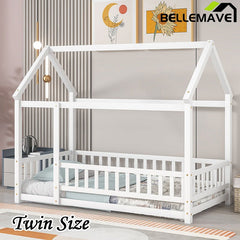 Bellemave® Montessori Wooden House Bed with Fence - Bellemave